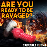 Cujo Canine Silicone Dildo Extra Large displayed with fiery background and creature illustration.