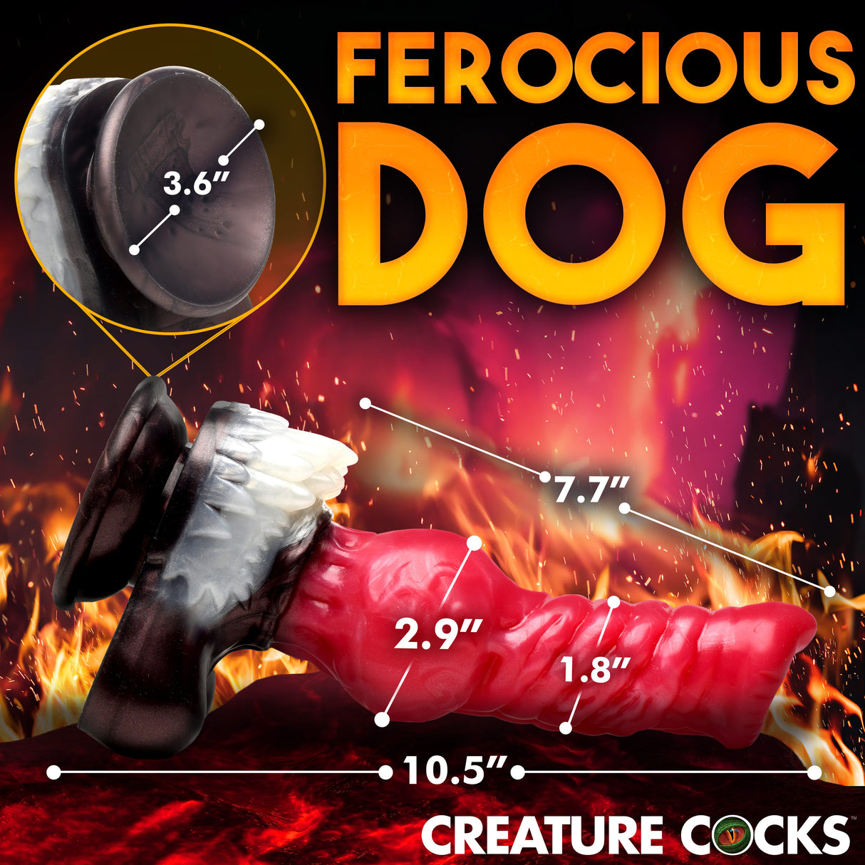 Cujo Canine Silicone Dildo Extra Large with measurement indicators, bright red color, showing unique fantasy design.