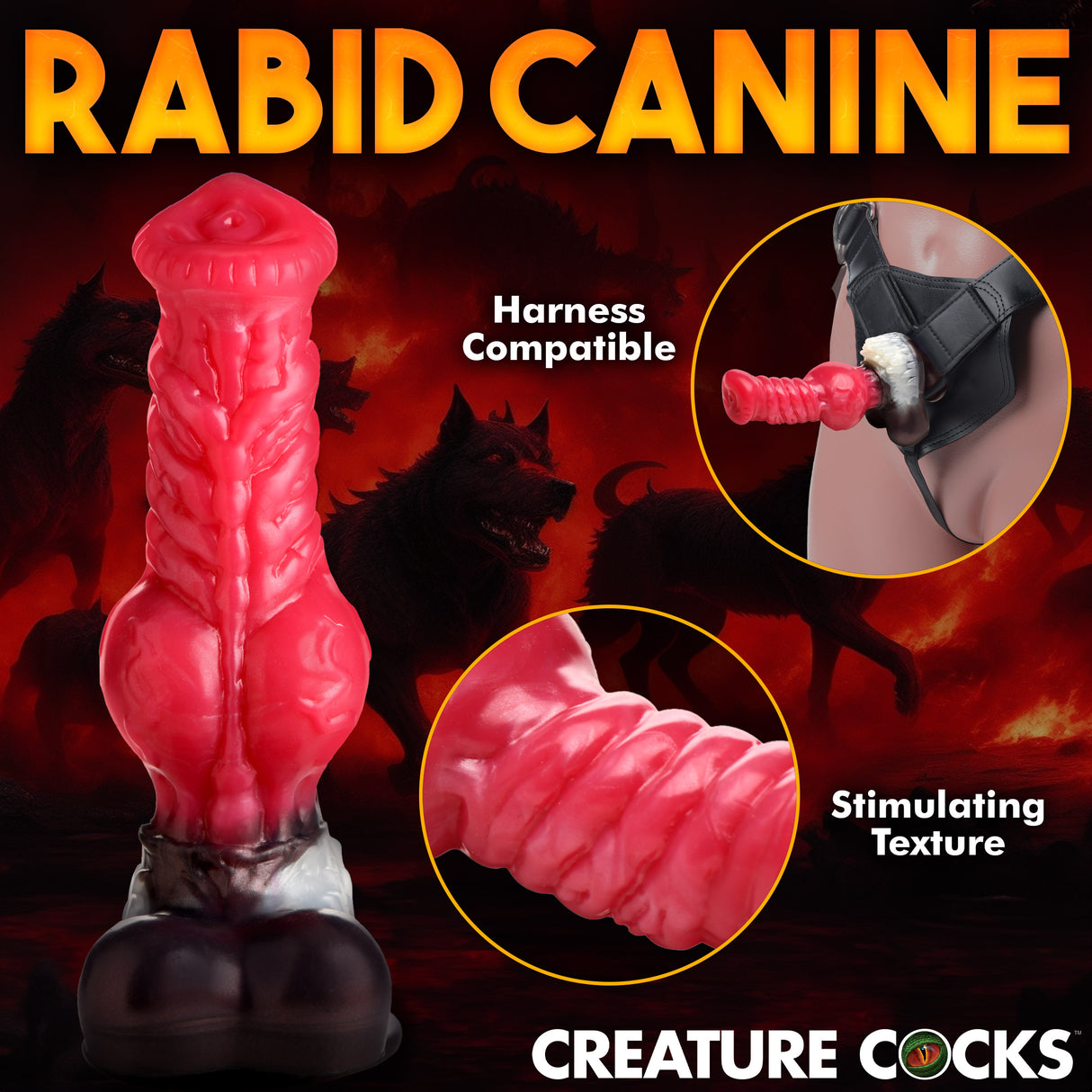 Cujo Canine Silicone Dildo Extra Large in vibrant red with stimulating texture, harness compatible for unique pleasure.