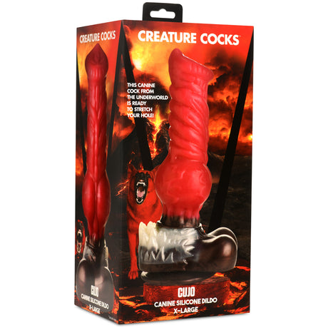 Cujo Canine Silicone Dildo Extra Large packaging, featuring bright red design and detailed ridges for enhanced sensation.