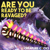 Creature Cocks Twilight Rainbow Unicorn Glass Dildo on crystal backdrop with unicorn, ready to be ravaged.