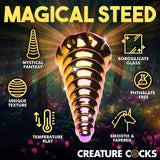 Creature Cocks Twilight Rainbow Unicorn Glass Dildo features a smooth design with borosilicate glass and unique texture.