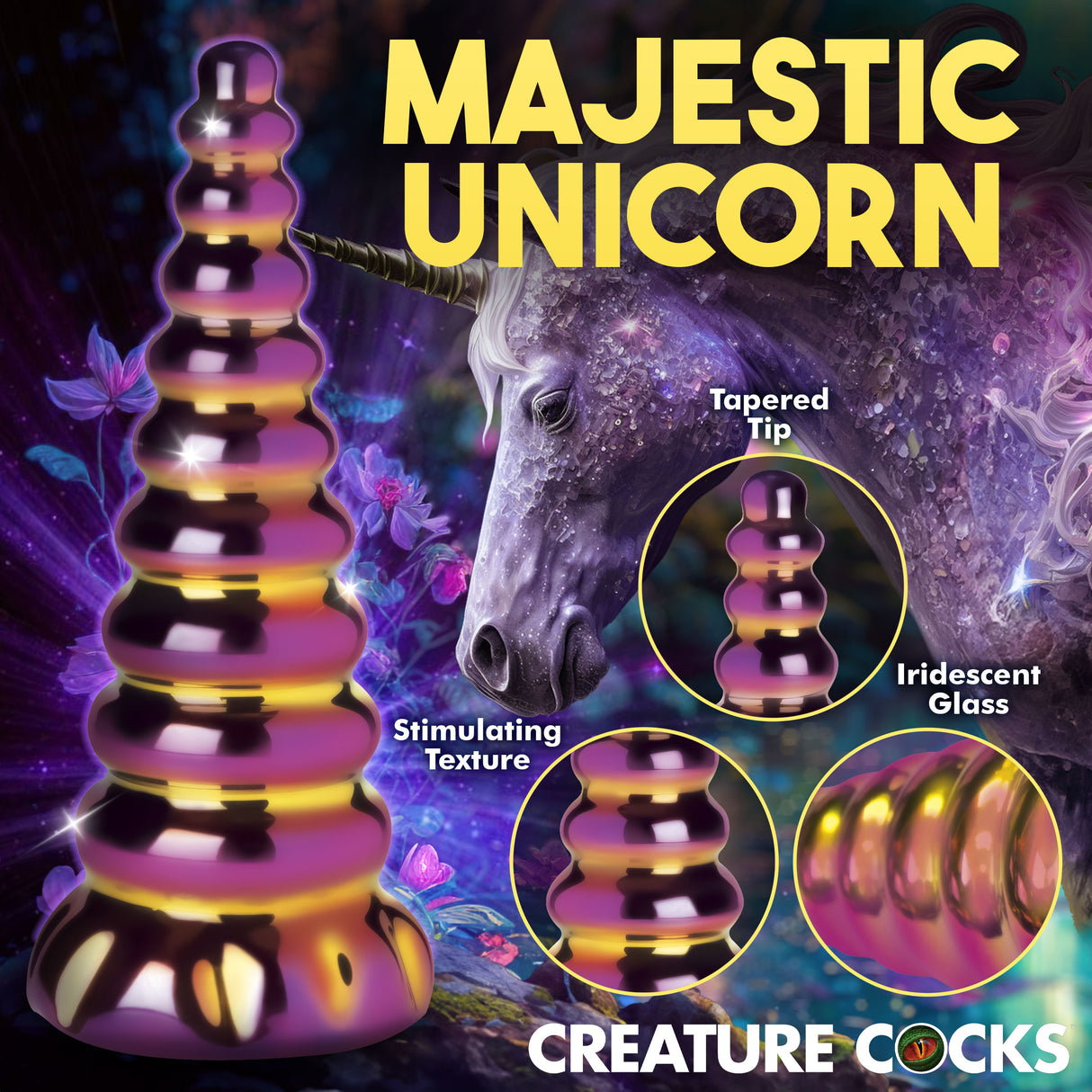 Creature Cocks Twilight Rainbow Unicorn Glass Dildo features a tapered tip and stimulating texture for ultimate pleasure.