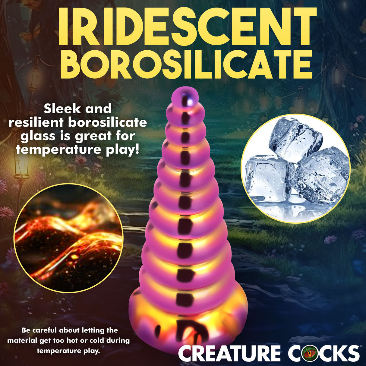 Creature Cocks Twilight Rainbow Unicorn Glass Dildo showcasing iridescent borosilicate glass for temperature play.