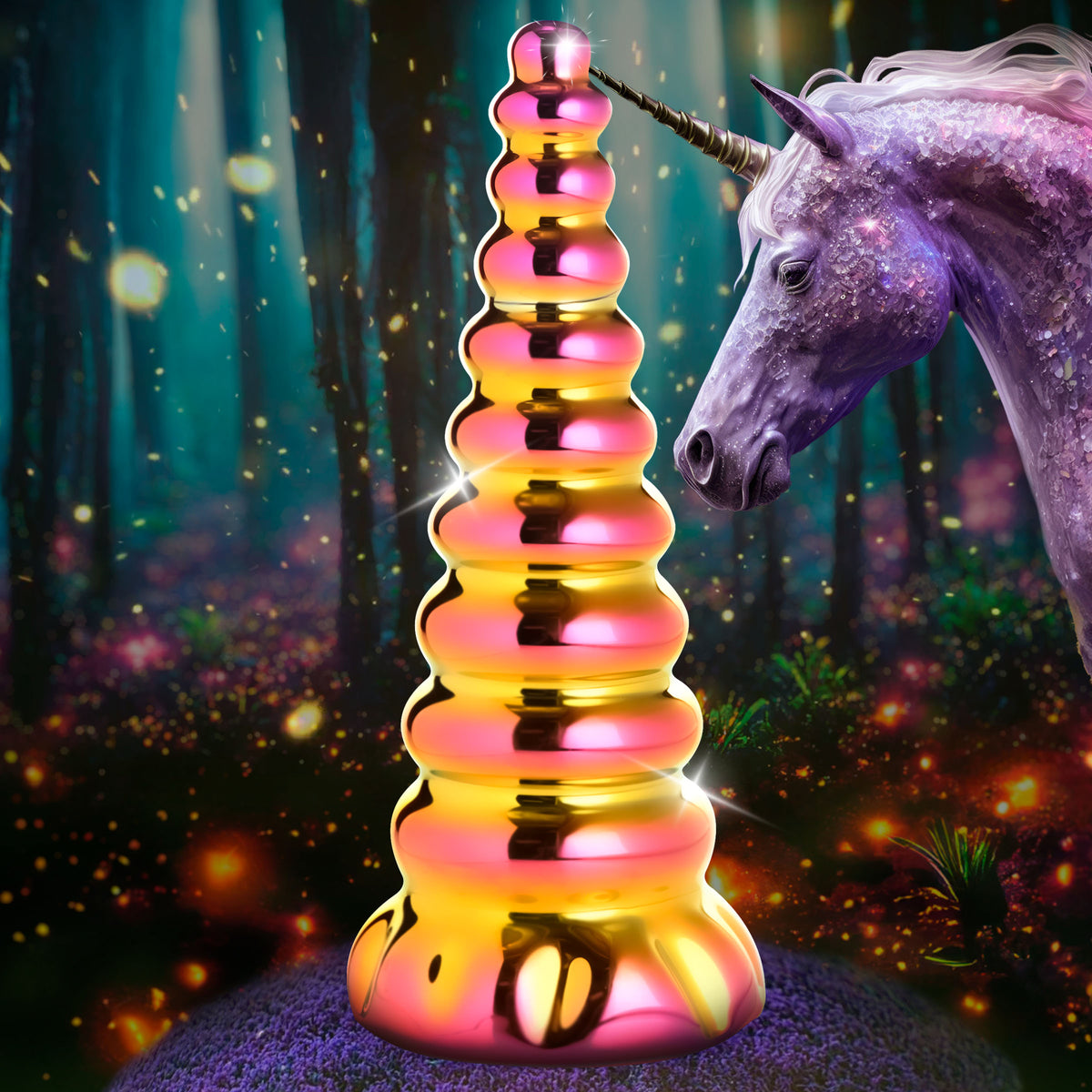 Creature Cocks Twilight Rainbow Unicorn Glass Dildo with iridescent pink and yellow-gold design in a magical forest setting.