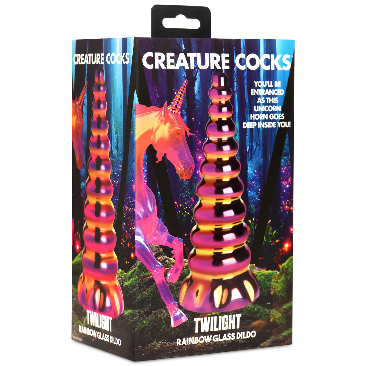 Creature Cocks Twilight Rainbow Unicorn Glass Dildo packaging featuring vibrant colors and a unicorn horn design.