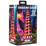Creature Cocks Twilight Rainbow Unicorn Glass Dildo packaging featuring vibrant colors and a unicorn horn design.