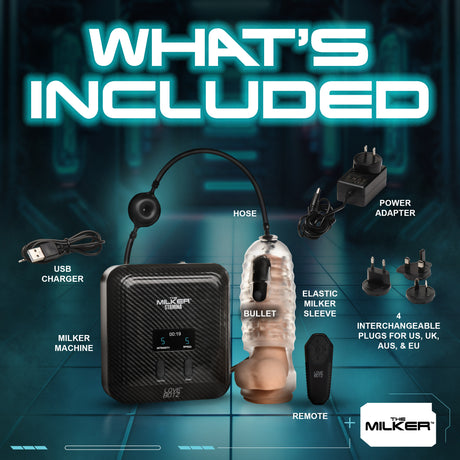 Image showing The Milker Stamina with Automatic Stroking Suction & Vibration components, including a milker machine, remote, and accessories.
