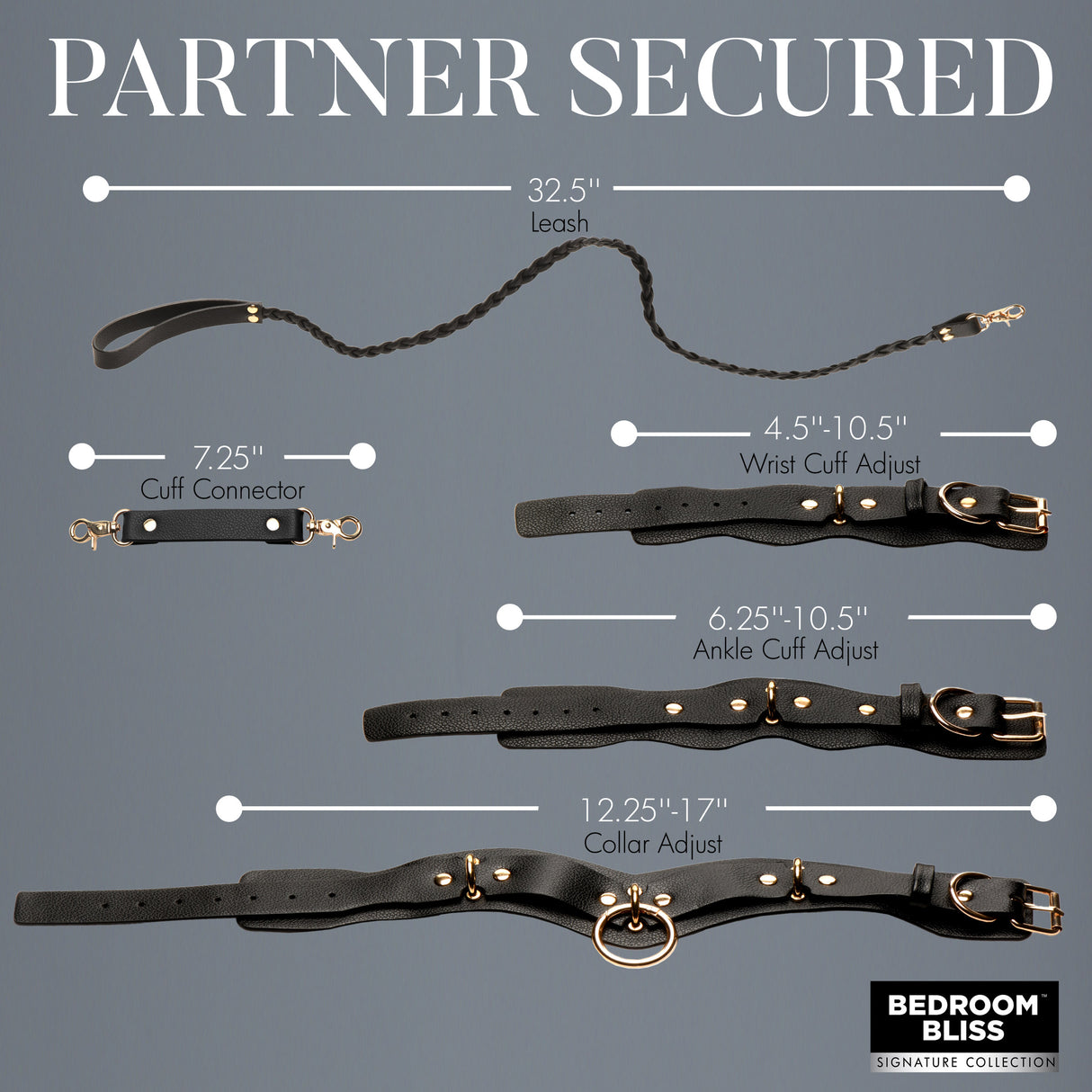 Lover's Restraints Set Vegan Leather Bondage Kit Black components, including leash, cuffs, and collar for sensual play.