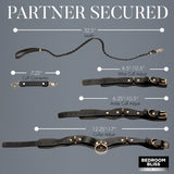 Lover's Restraints Set Vegan Leather Bondage Kit Black components, including leash, cuffs, and collar for sensual play.