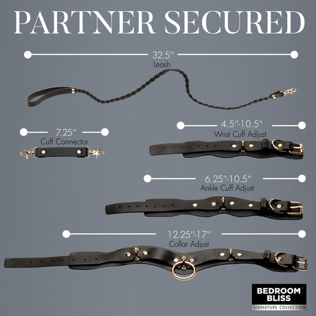 Lover's Restraints Set Vegan Leather Bondage Kit Black components, including leash, cuffs, and collar for sensual play.