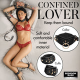 Lover's Restraints Set Vegan Leather Bondage Kit Black featuring cuffs and collar on model in seductive lingerie.