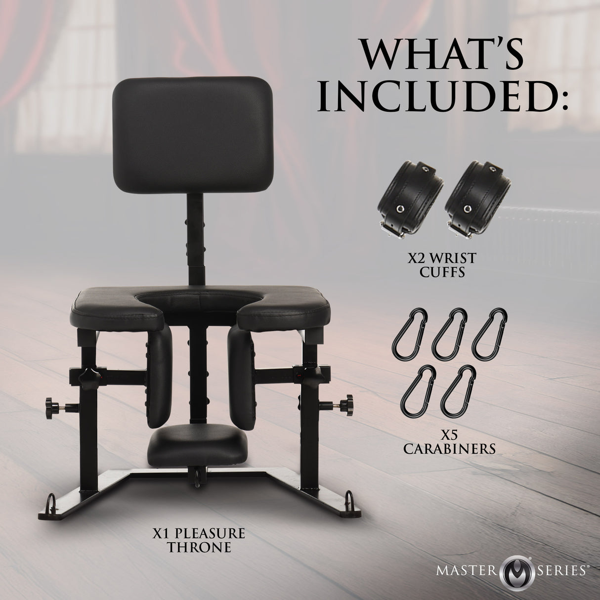 Pleasure Throne Oral Sex Chair with included wrist cuffs and carabiners for enhanced pleasure and comfort.