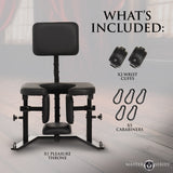 Pleasure Throne Oral Sex Chair with included wrist cuffs and carabiners for enhanced pleasure and comfort.