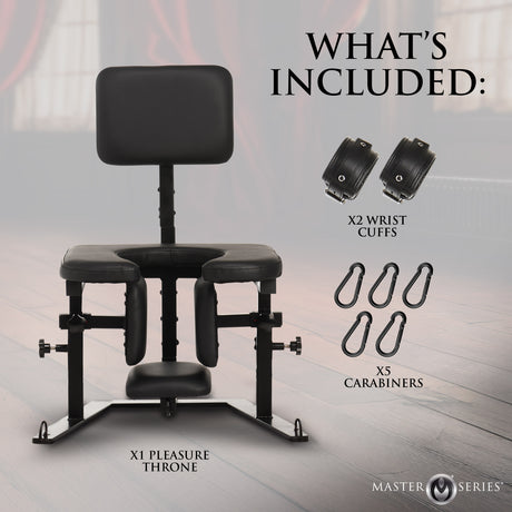 Pleasure Throne Oral Sex Chair with included wrist cuffs and carabiners for enhanced pleasure and comfort.