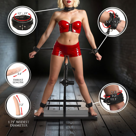 Ultimate Enforcer Forced Orgasm Tower with Sex Machine displayed with measurements and details.