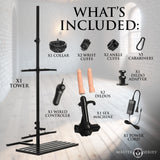 Ultimate Enforcer Forced Orgasm Tower with Sex Machine components including tower, dildos, cuffs, and controller.