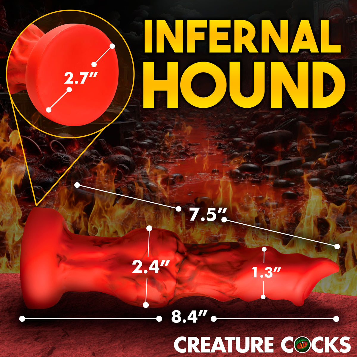 Fire Hound Silicone Dildo Medium with measurements, ideal for fantasy and roleplay scenarios.