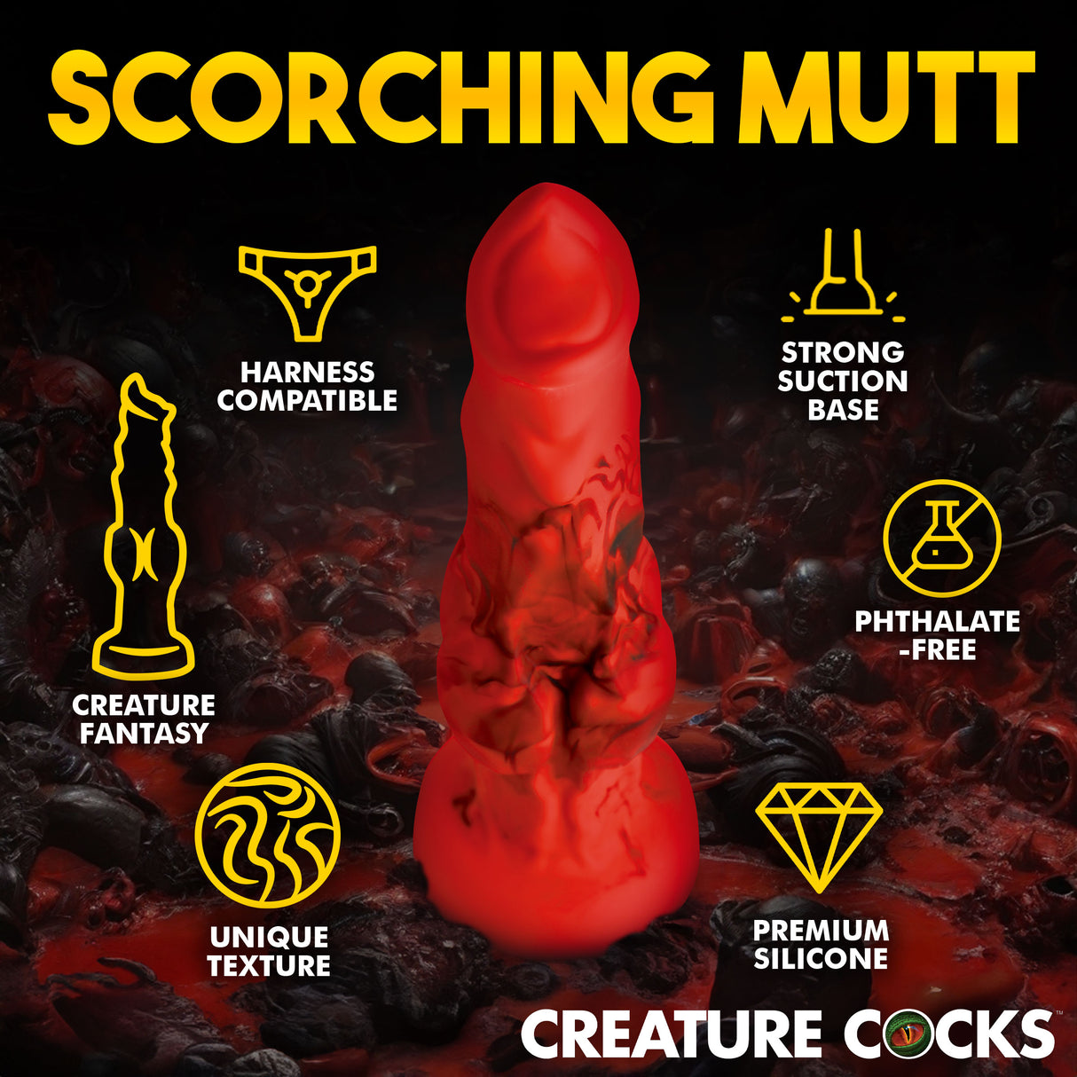 Fire Hound Silicone Dildo Medium with smooth red shaft and canine knots for immersive fantasy roleplay.