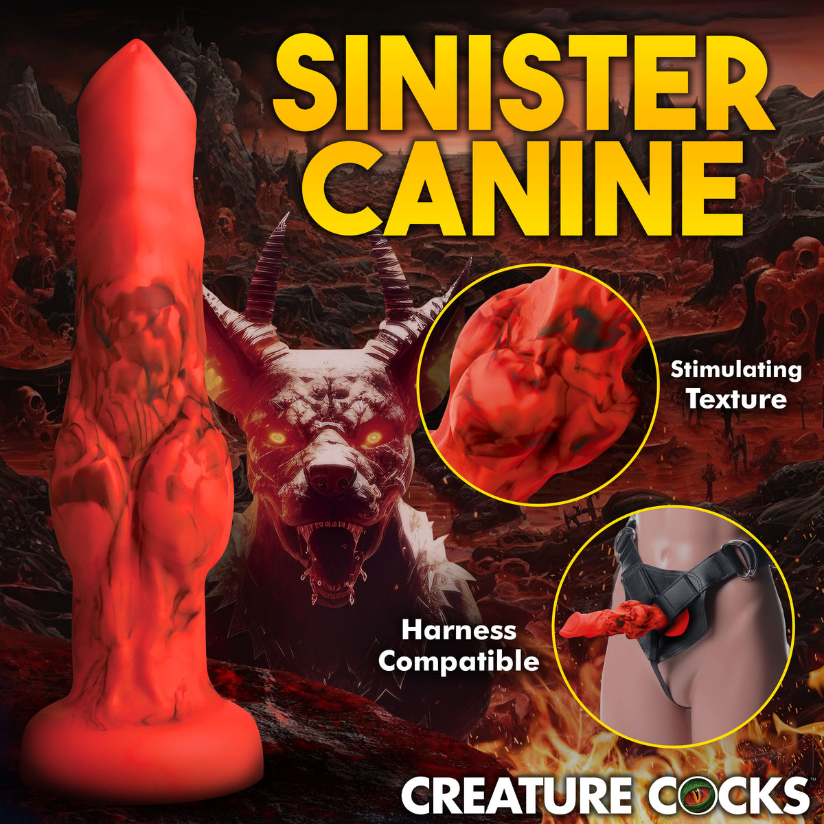 Fire Hound Silicone Dildo Medium with stimulating texture, harness compatible, vivid red design in a fantasy setting.