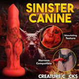 Fire Hound Silicone Dildo Medium with stimulating texture, harness compatible, vivid red design in a fantasy setting.