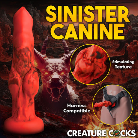 Fire Hound Silicone Dildo Medium with stimulating texture, harness compatible, vivid red design in a fantasy setting.