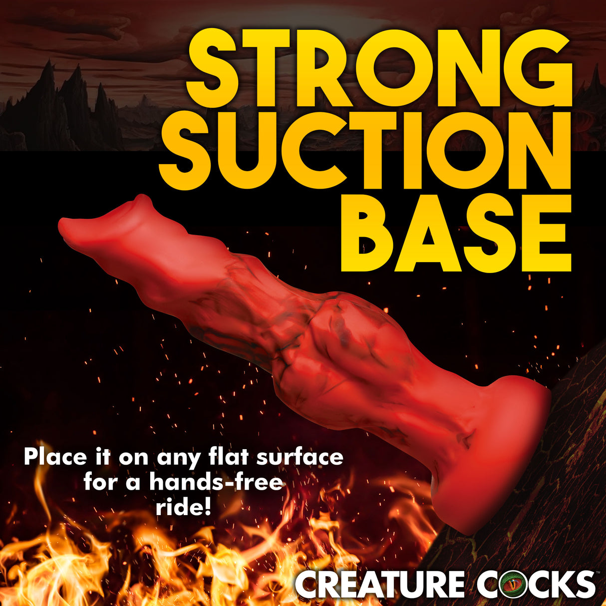 Fire Hound Silicone Dildo Medium with strong suction base for hands-free use on flat surfaces.