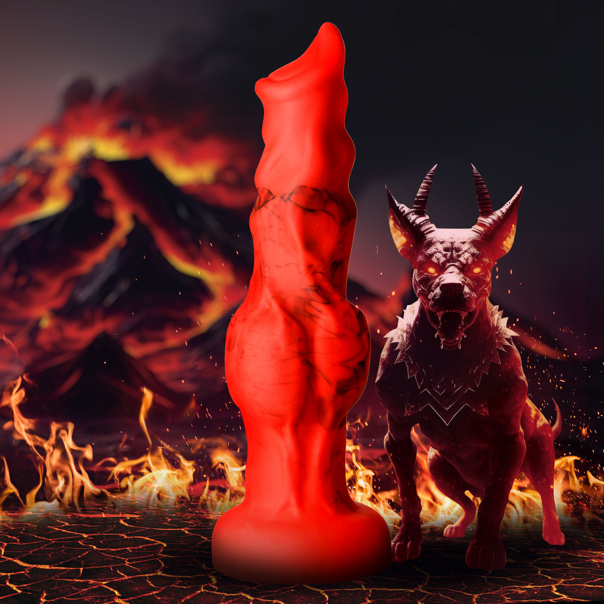 Fire Hound Silicone Dildo Medium stands tall with a vibrant red design in fiery, volcanic surroundings.
