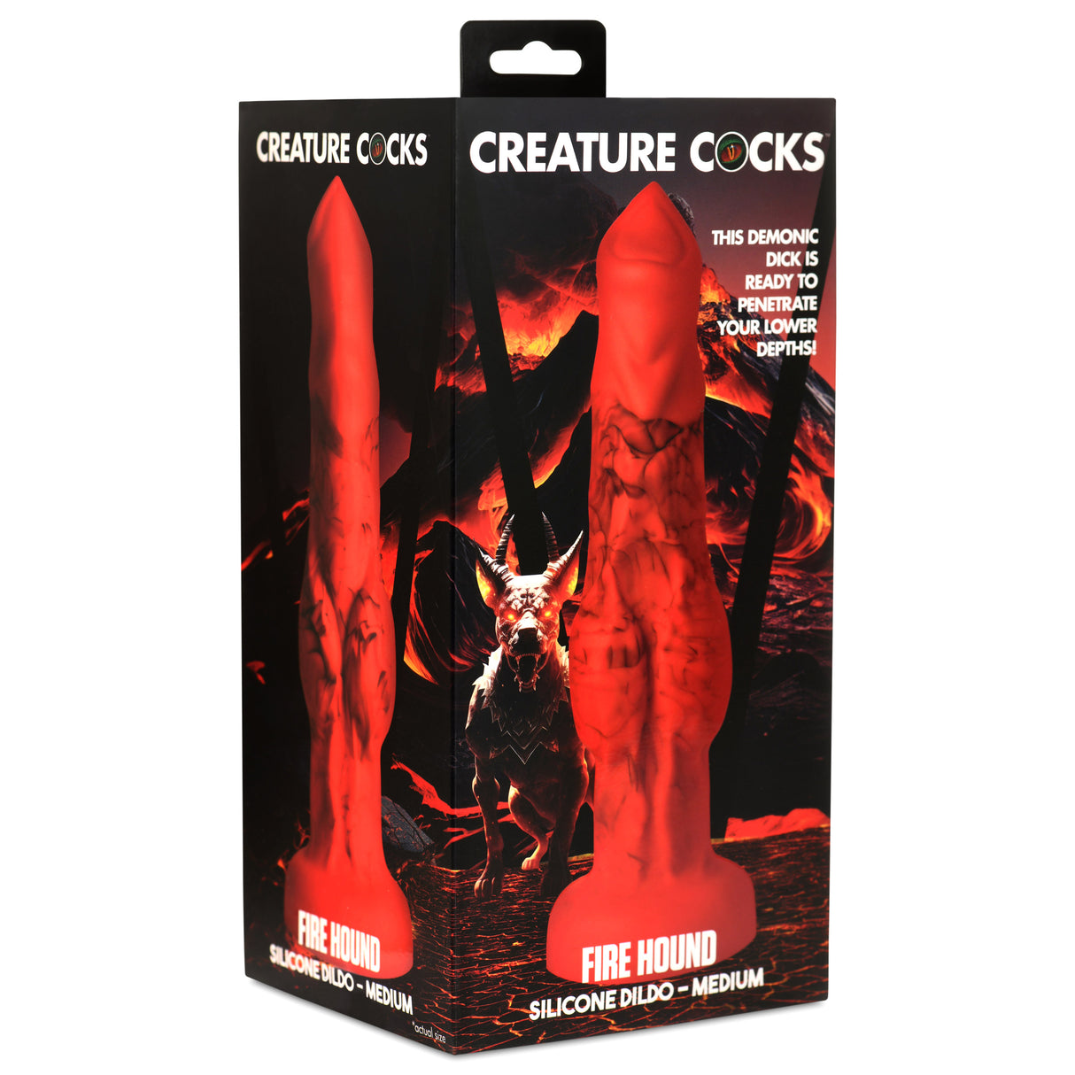 Fire Hound Silicone Dildo Medium in vibrant packaging with demonic design, ideal for fantasy roleplay.