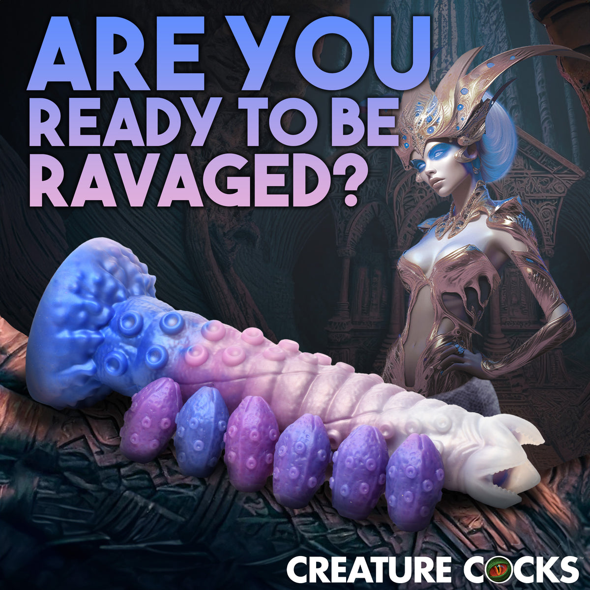 Tenta-Queen Ovipositor Silicone Dildo with Eggs displayed with sci-fi themed background and dramatic text.