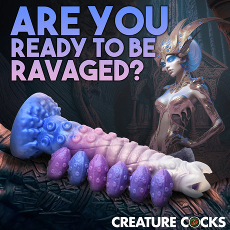 Tenta-Queen Ovipositor Silicone Dildo with Eggs displayed with sci-fi themed background and dramatic text.