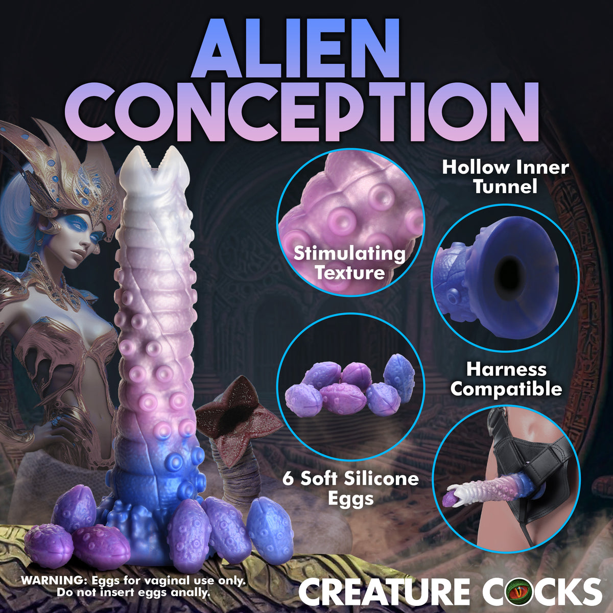 Tenta-Queen Ovipositor Silicone Dildo with Eggs featuring stimulating texture and six soft silicone eggs.
