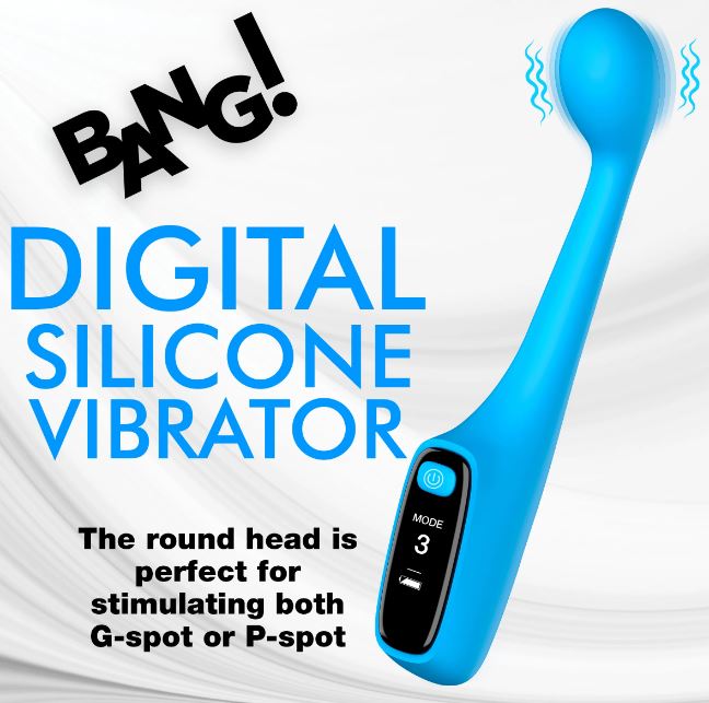 Bang Digital G-Spot Silicone Vibrator Blue with a round head for G-spot and P-spot stimulation.