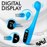 Bang Digital G-Spot Silicone Vibrator Blue with digital display showing synchronized vibrations and battery life.