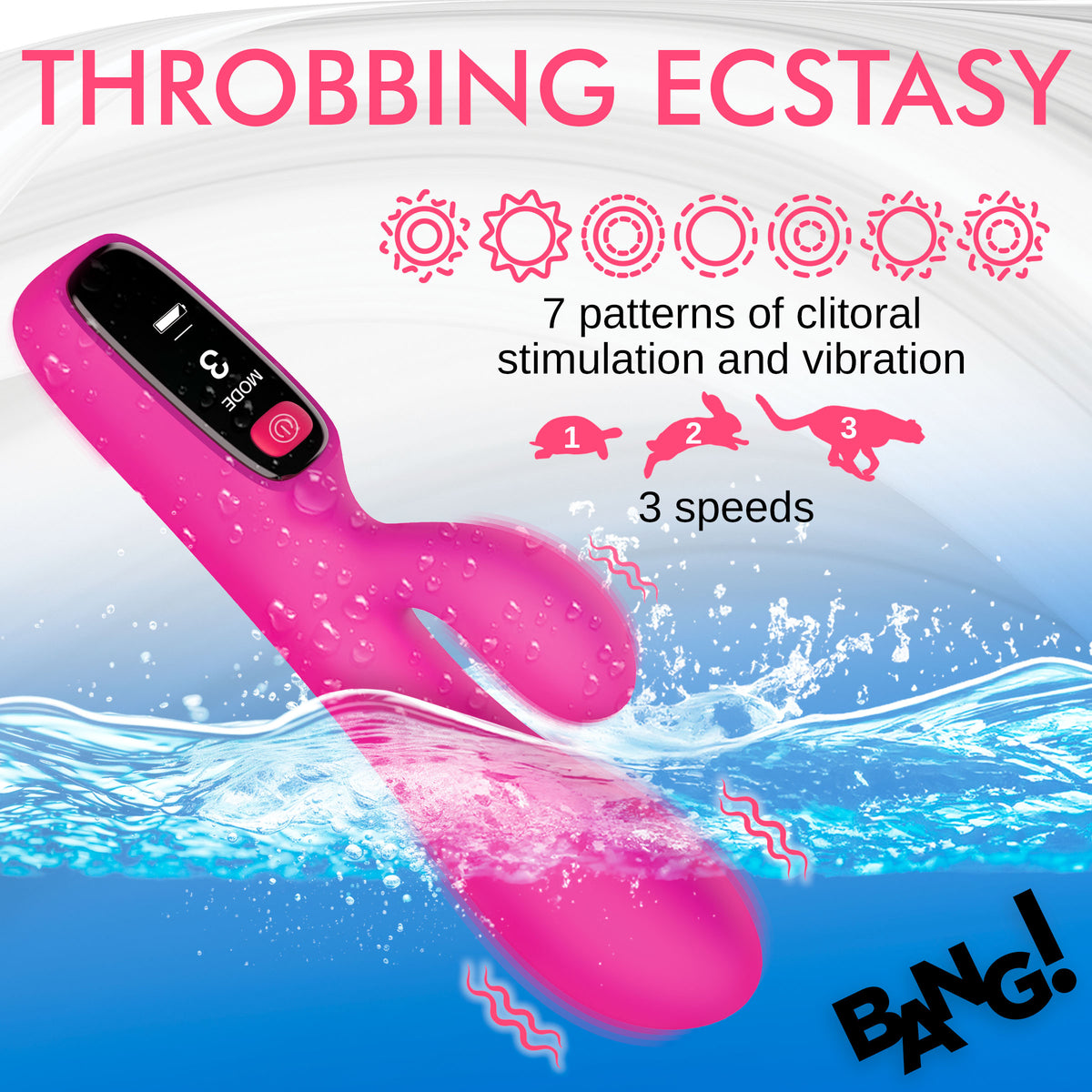 Silicone Rabbit Vibrator with Digital Display featuring 7 patterns of clitoral stimulation and 3 speeds, in vibrant pink.