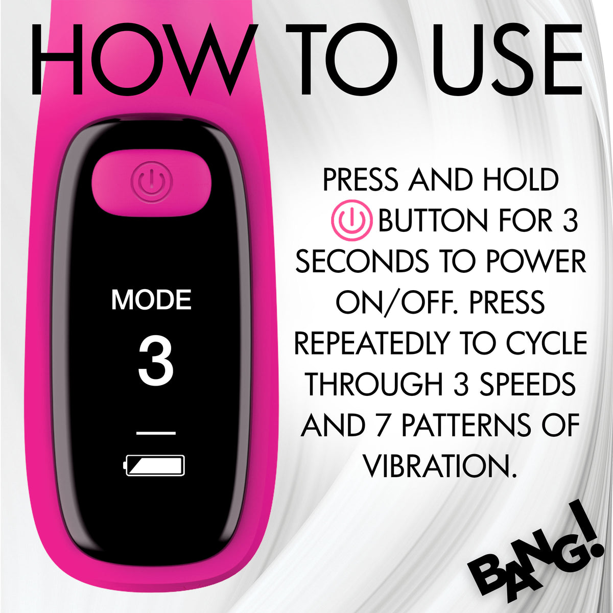 How to use the Silicone Rabbit Vibrator with Digital Display, showing power button and mode settings.