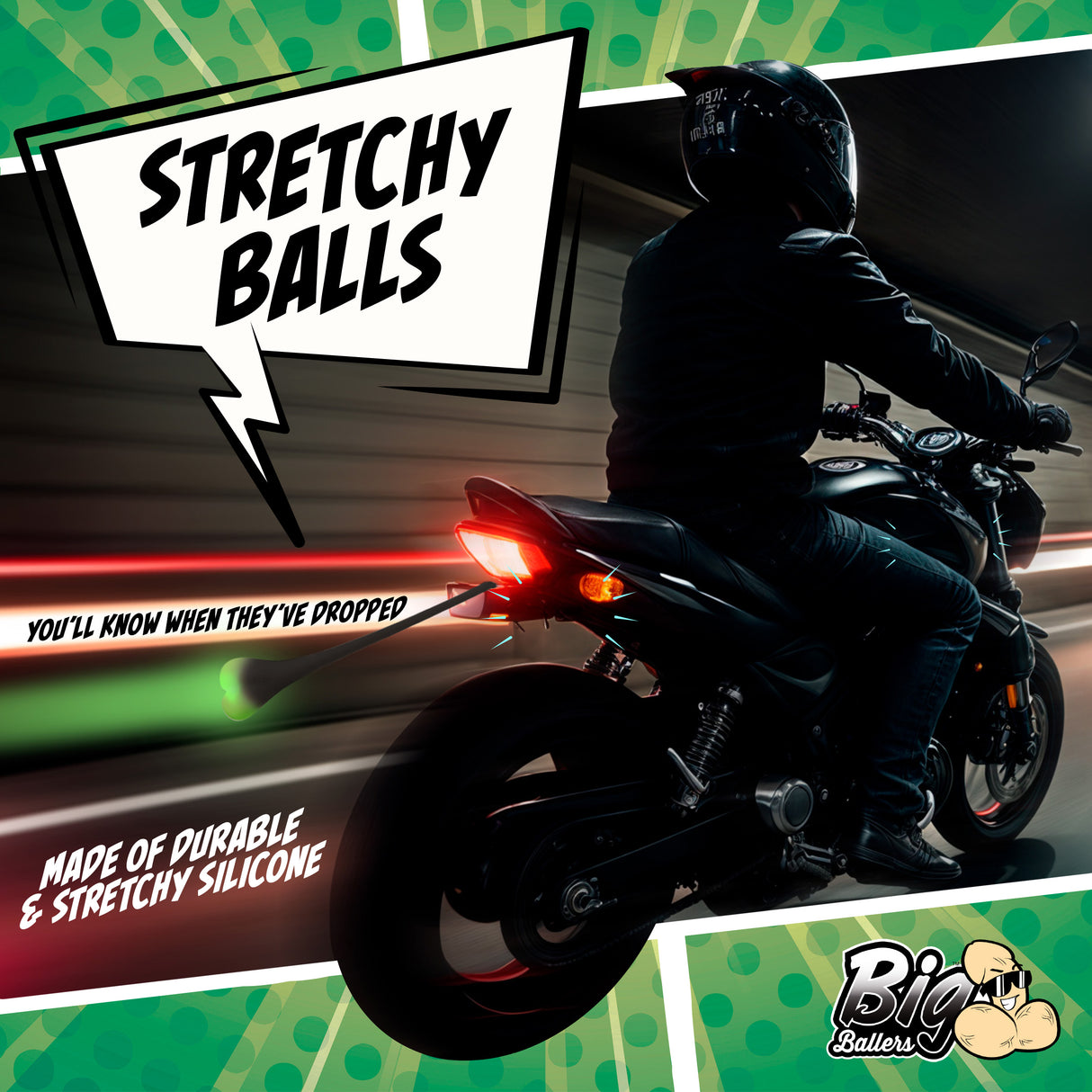 Teeny Weeny Light-Up Silicone Truck Nuts Black on a motorcycle with colorful graphics highlighting stretchy silicone.