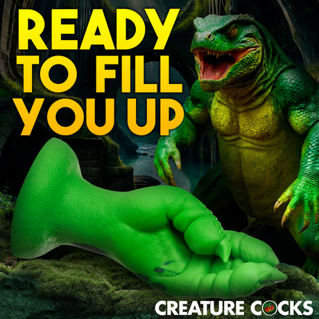 Raptor Claw Fisting Silicone Dildo Green in a vibrant green color, showcasing textured claws for adventurous play.