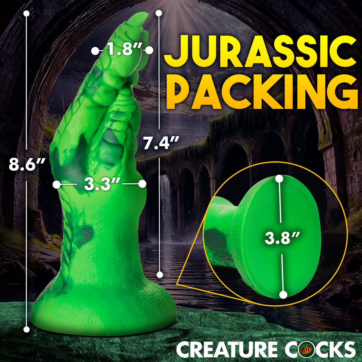 Raptor Claw Fisting Silicone Dildo Green displayed with dimensions in a fantasy setting.