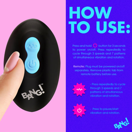 How to use the Bang Rotating & Vibrating Silicone Butt Plug Blue with instructions for power and settings.