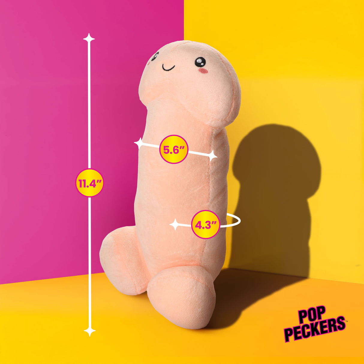 Happy Peckers Penis Pillow Small with measurements: height 11.4 inches, width 5.6 inches, depth 4.3 inches.
