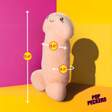 Happy Peckers Penis Pillow Small with measurements: height 11.4 inches, width 5.6 inches, depth 4.3 inches.