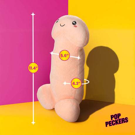 Happy Peckers Penis Pillow Small with measurements: height 11.4 inches, width 5.6 inches, depth 4.3 inches.