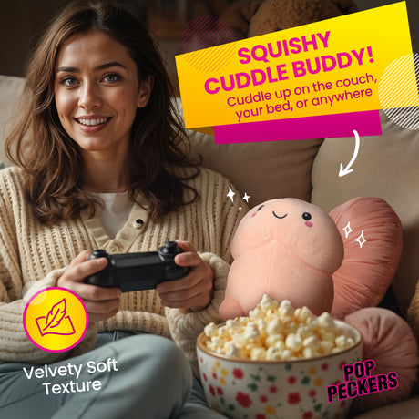 Chibi Happy Peckers Pillow Small beside a smiling woman enjoying popcorn and gaming on a couch, showcasing its cuddly nature.