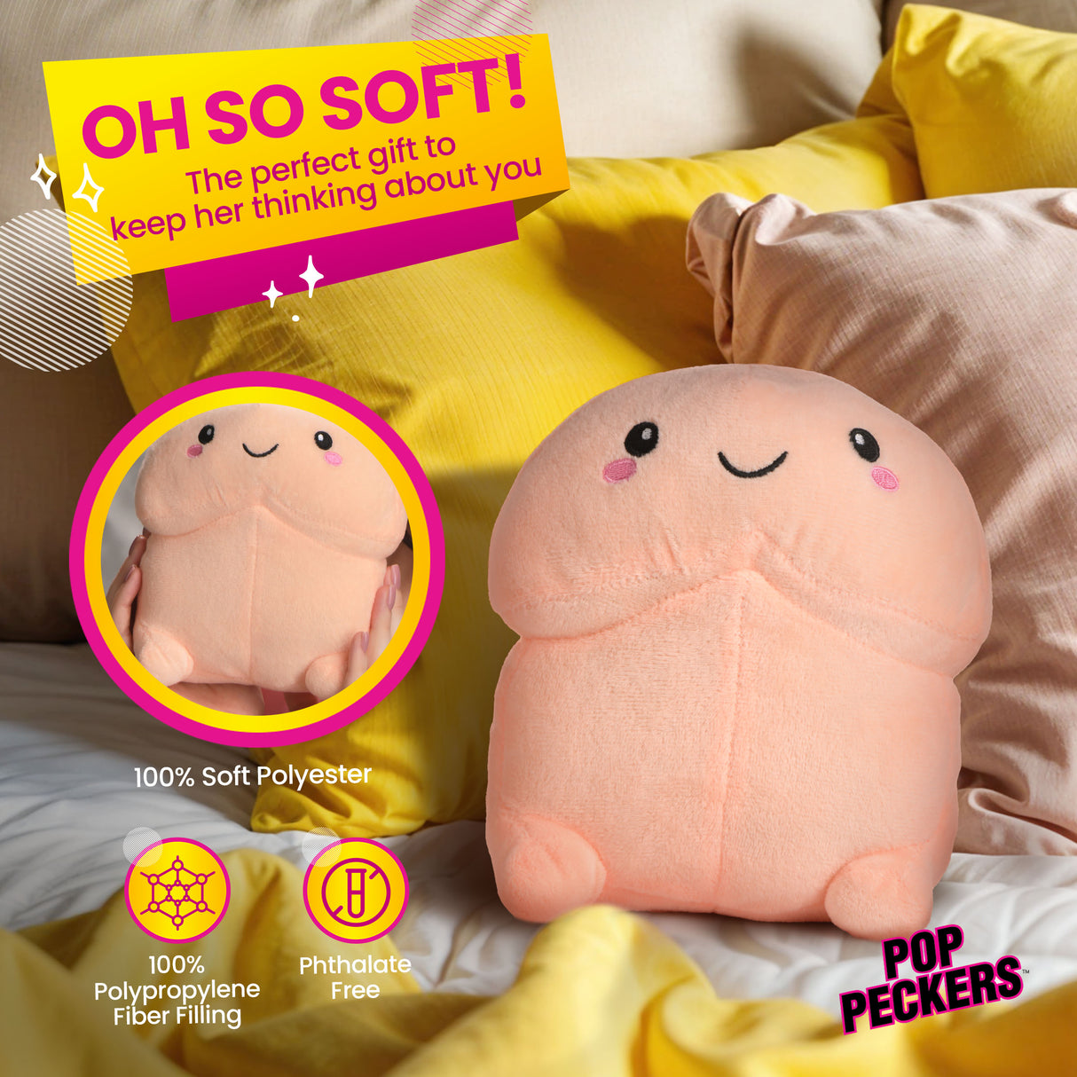 Chibi Happy Peckers Pillow Small in soft polyester; a cheerful plush gift for cuddling and conversation starters.