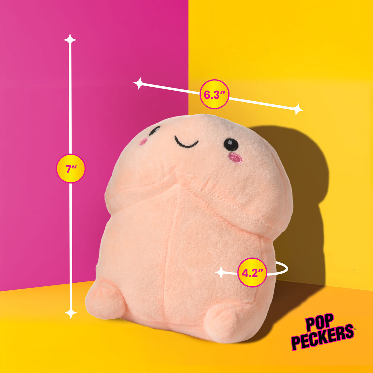 Chibi Happy Peckers Pillow Small on a colorful background, showcasing its measurements of 7 inches tall and 6.3 x 4.2 inches wide.