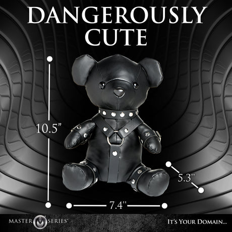 Master Series Gimp Teddy Bear Black with measurements, stylishly crafted from premium vegan leather.