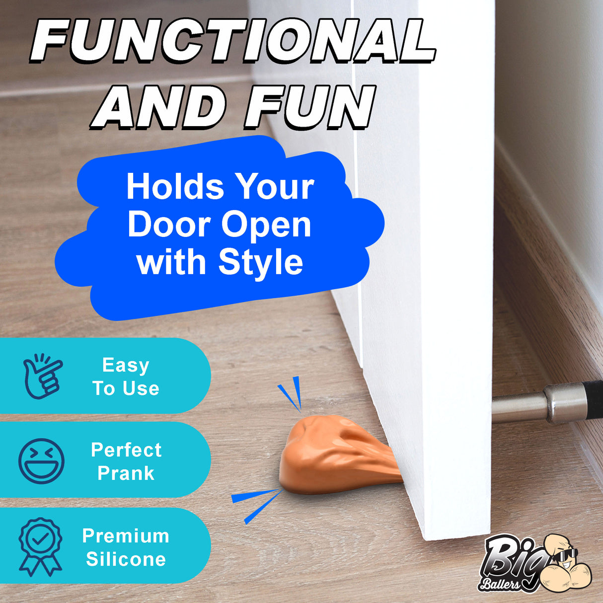 Big Balls Door Stop holding a door open with a humorous design, made from premium silicone.