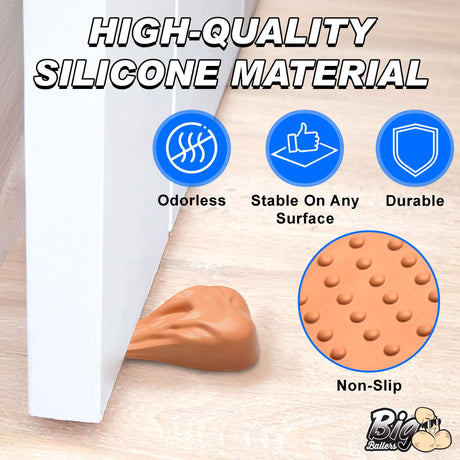 Big Balls Door Stop made of high-quality silicone material, showcasing odorless, durable, stable, and non-slip features.