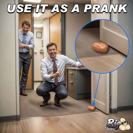 Humorous Big Balls Door Stop used as a prank in office setting to keep doors open.